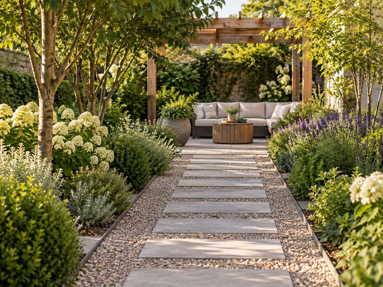 Clear garden path leading to a seating area