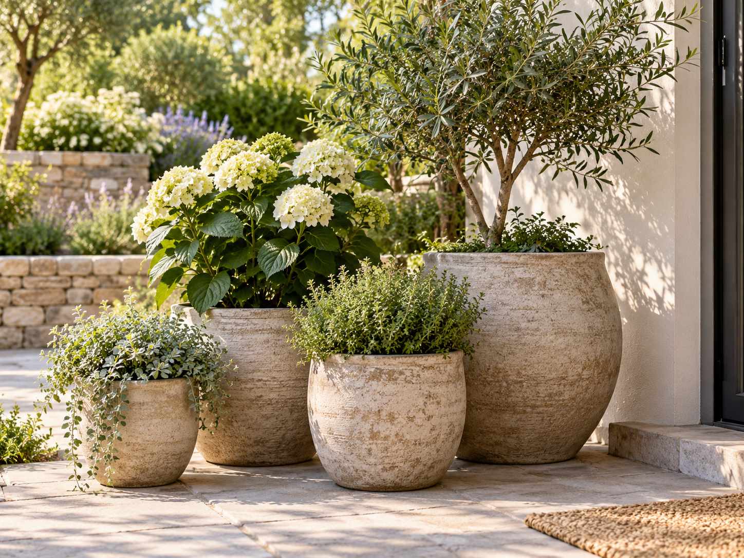 Grouped plant containers in related neutral finishes