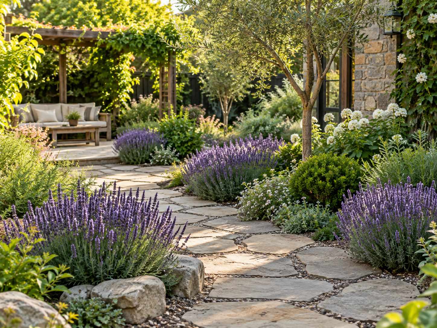Repeated planting groups along a garden path