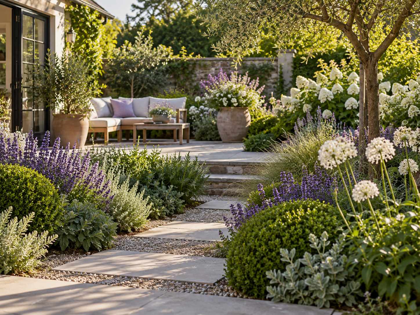 Restrained flower palette in a planted garden