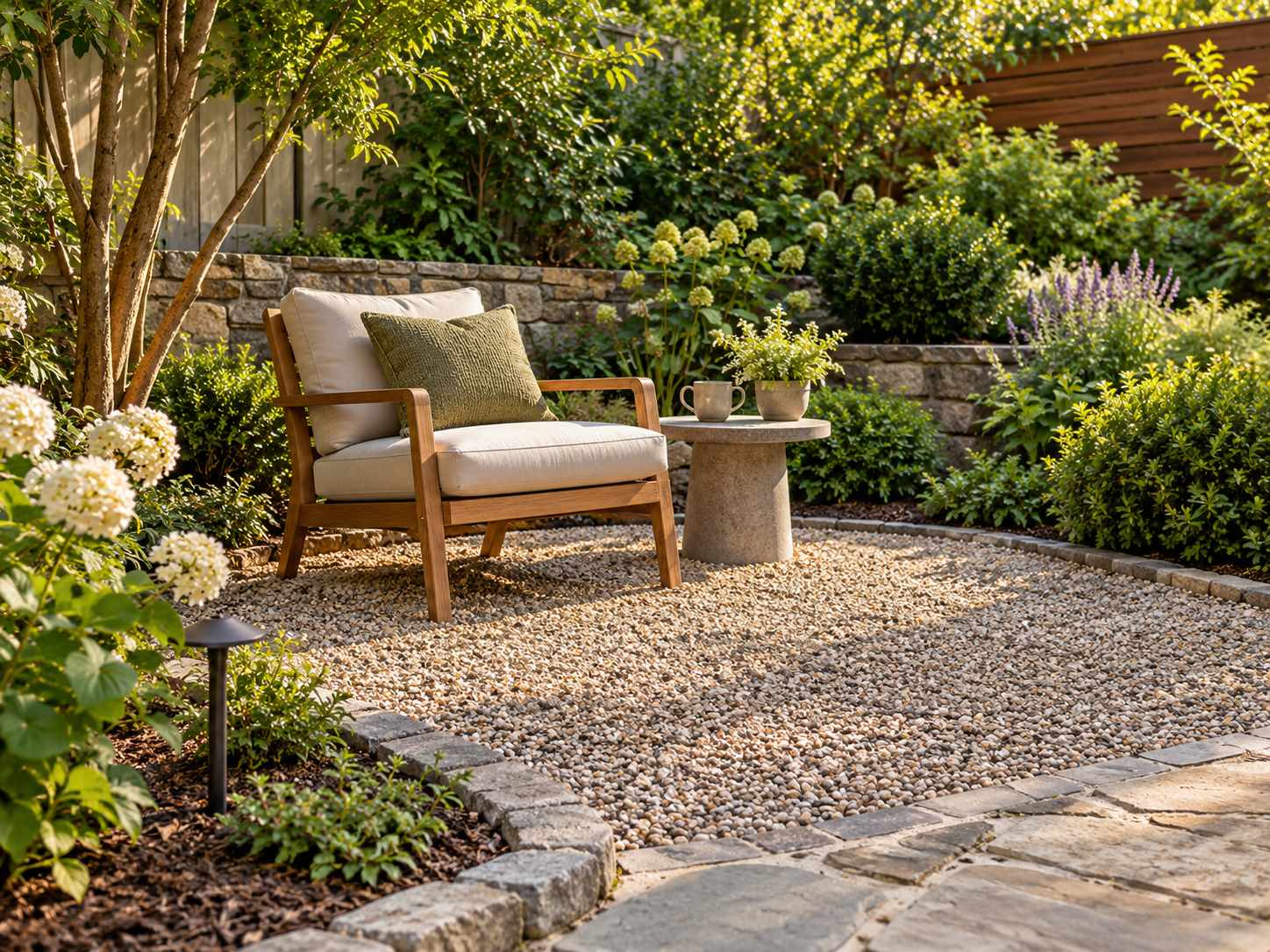 Small gravel seating area with a comfortable chair