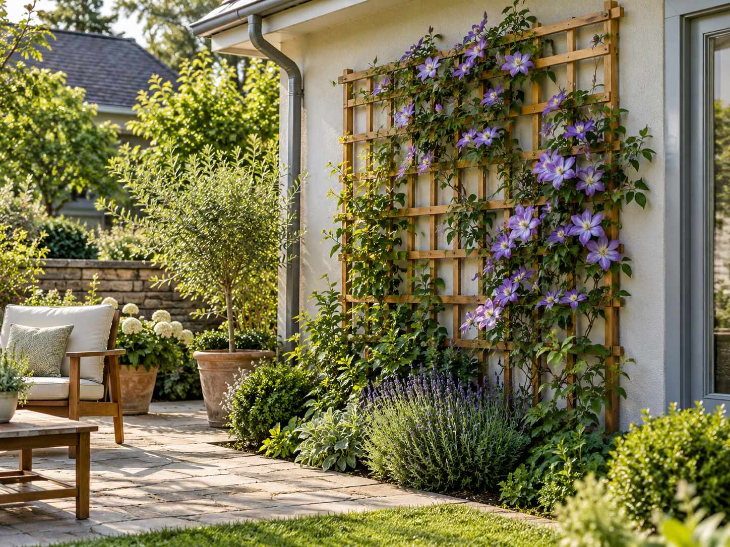 Trellis supporting climbing plants beside a garden wall