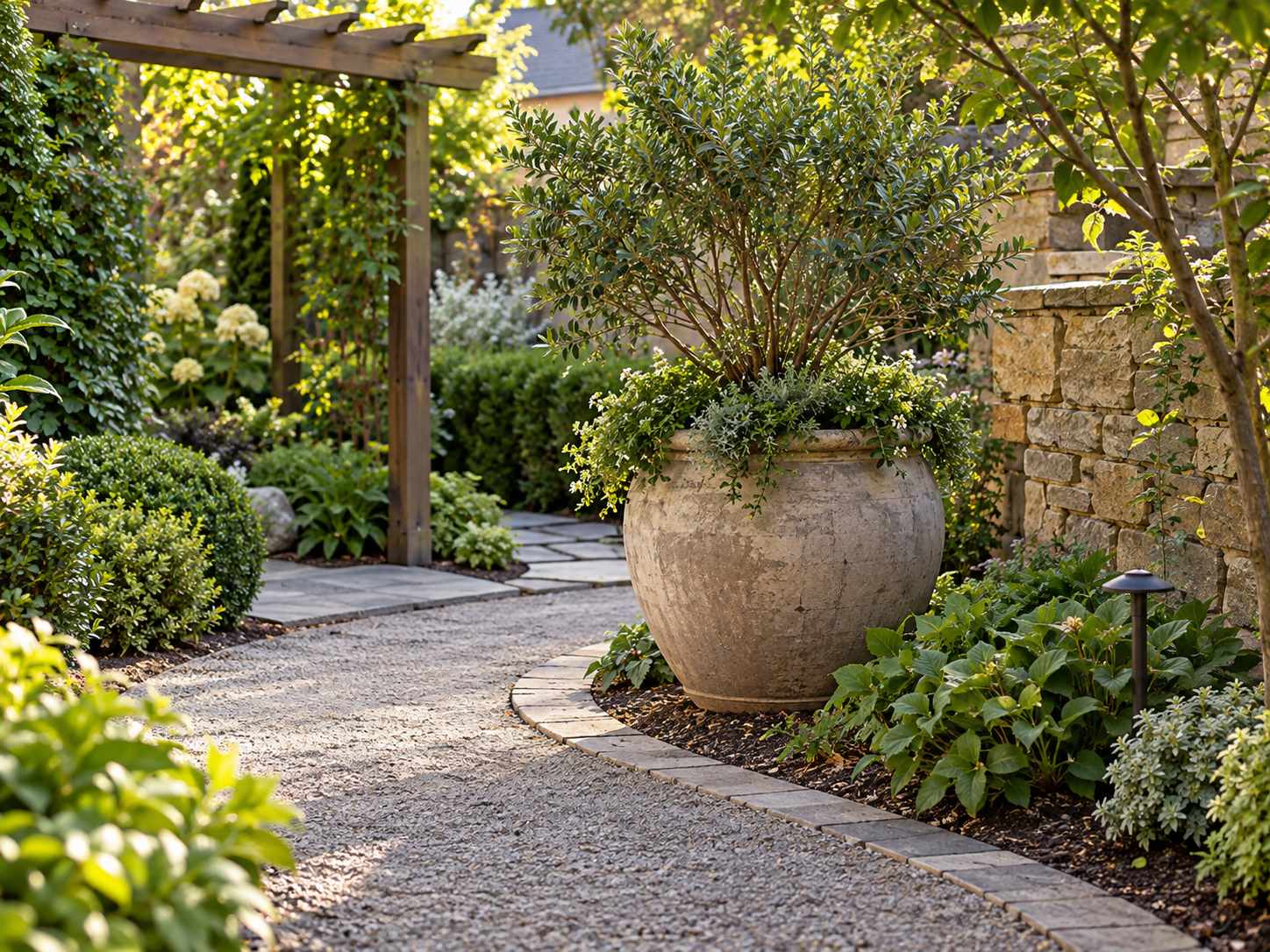 Large pot marking a turn in a garden path