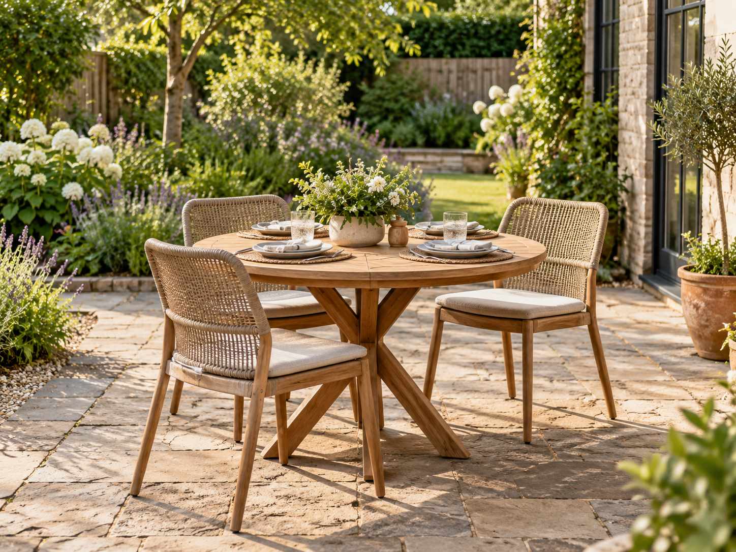 Small outdoor dining table with room around the chairs