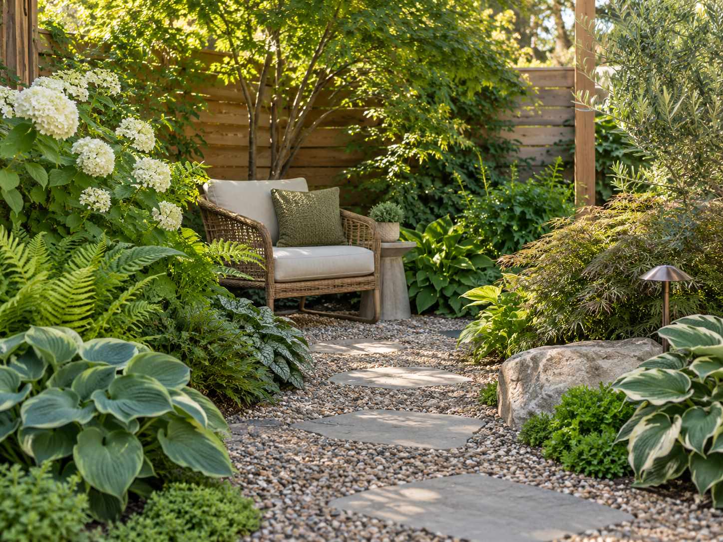 Different foliage textures around a quiet garden seat
