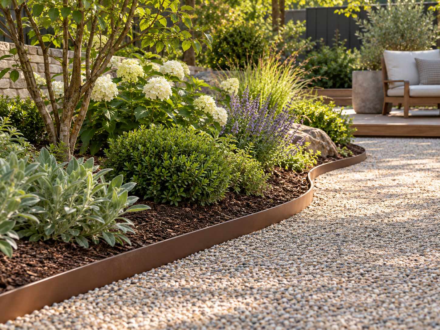 Simple edging defining a planted border