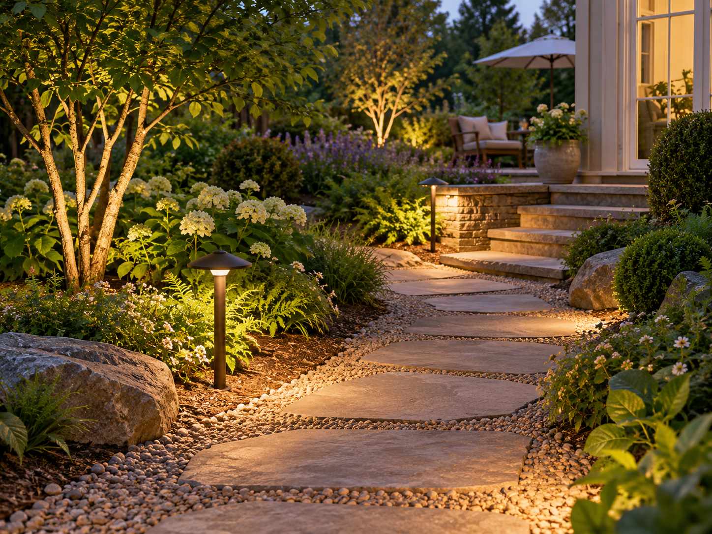 Low outdoor lights showing a garden route