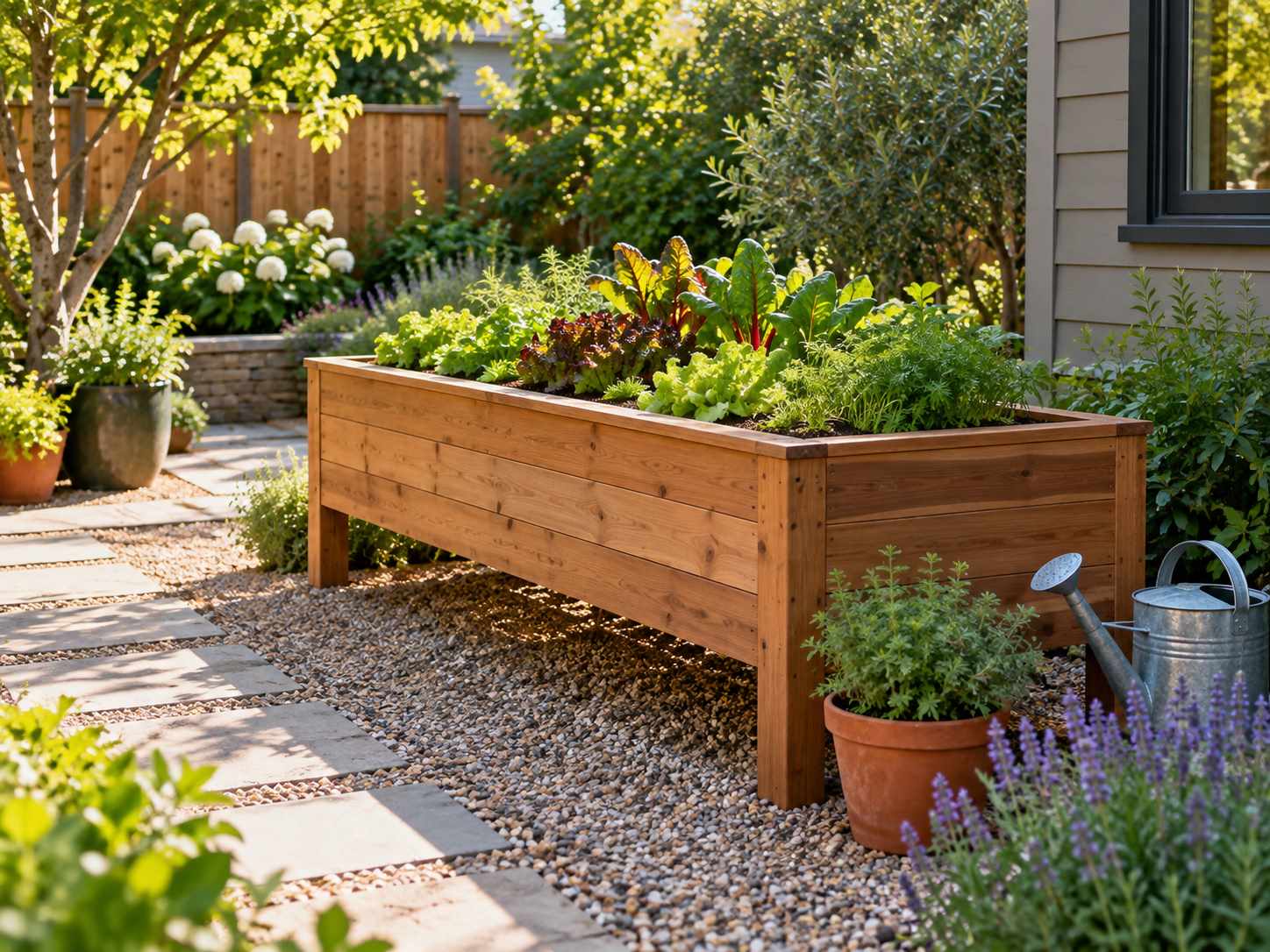 Raised timber planter with space around it