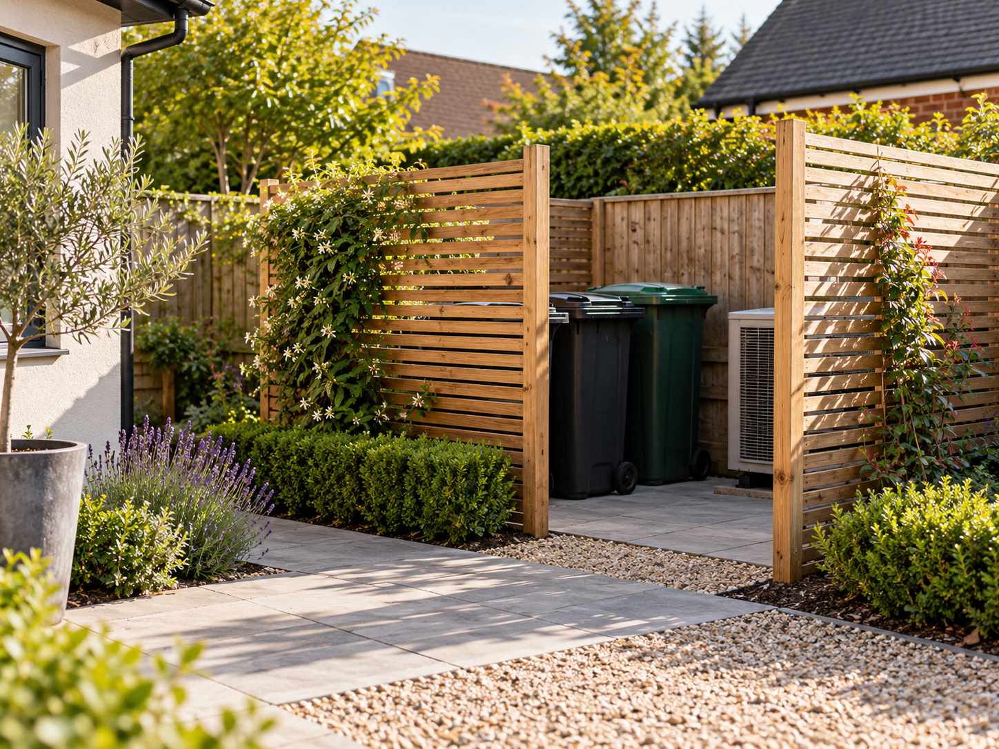 Screen concealing a garden utility area without closing access