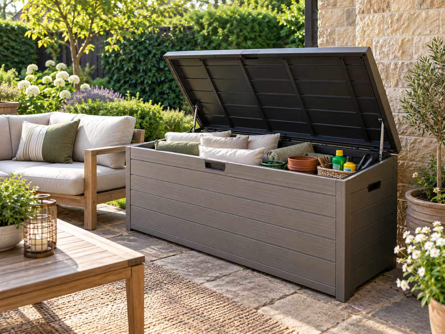 Outdoor storage box holding dry cushions and tools