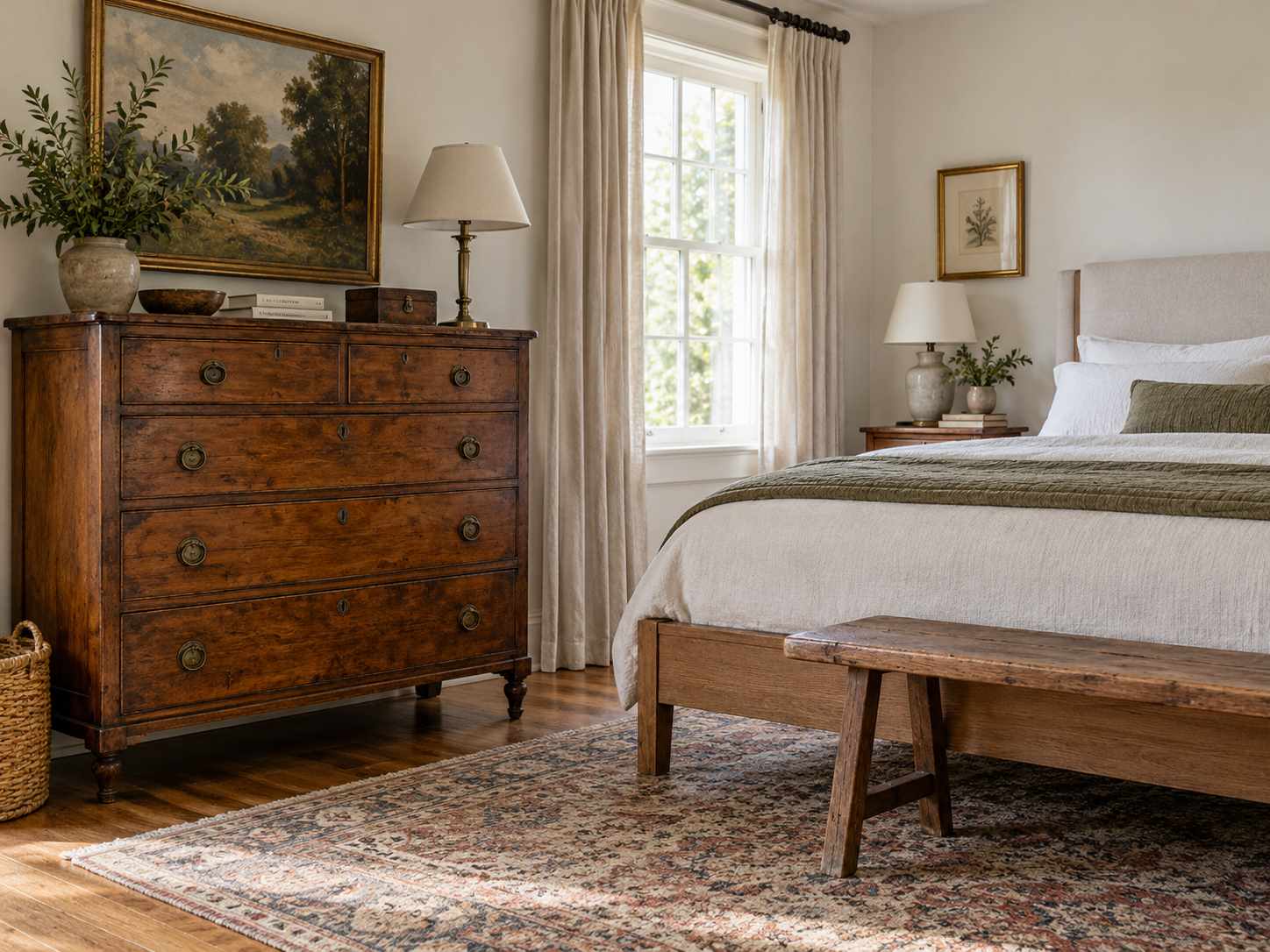 Wooden dresser paired with a plain bed