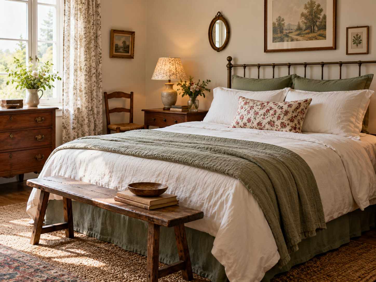 Small floral fabric on a quietly layered bed