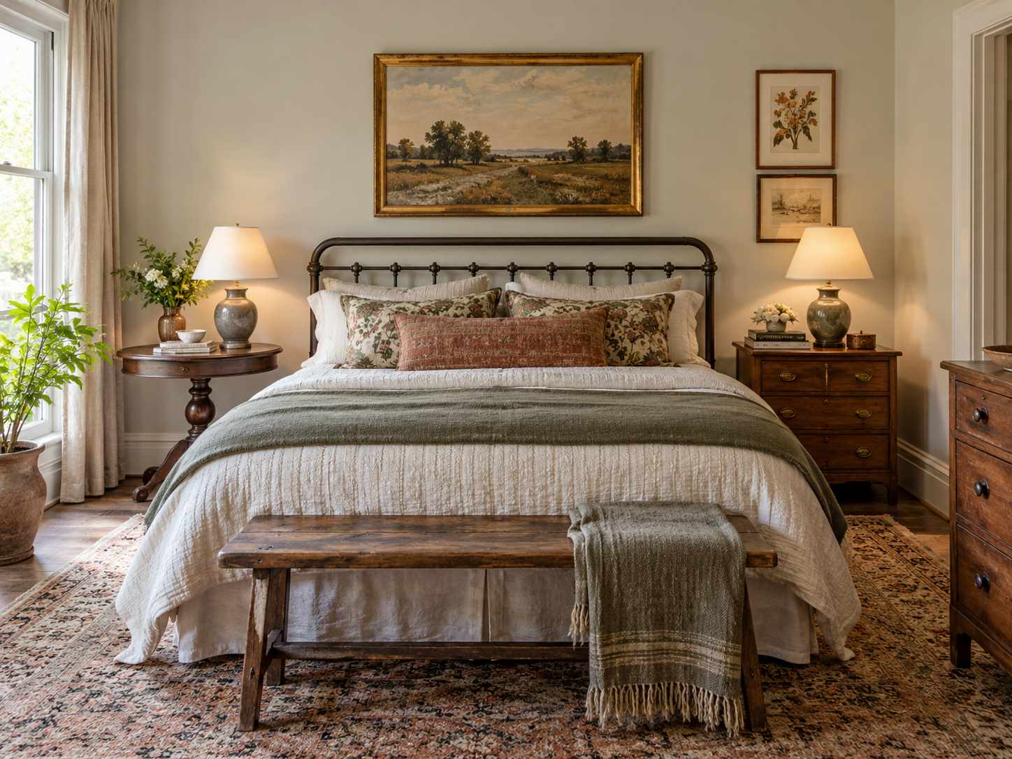 Mismatched bedside tables at a similar height
