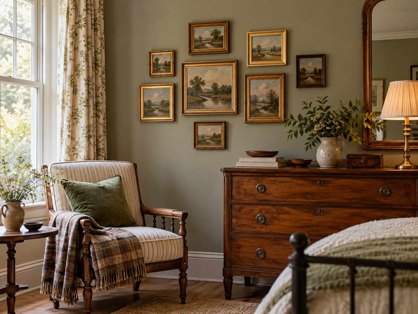 Small landscape prints grouped beside bedroom furniture