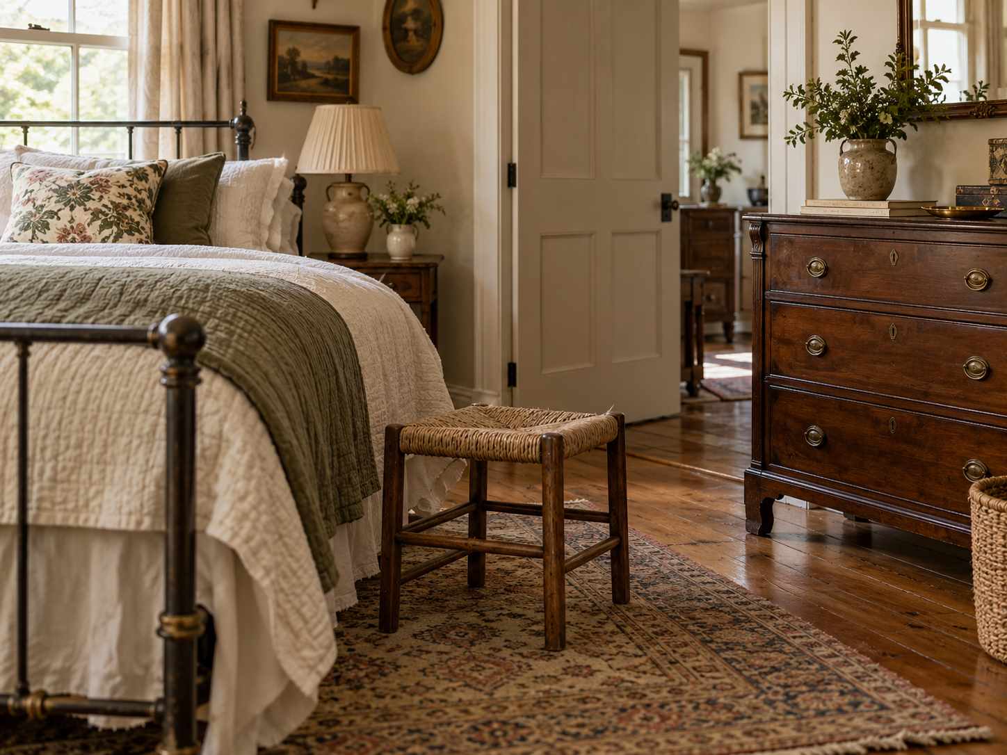 Woven stool beside a vintage-style bed