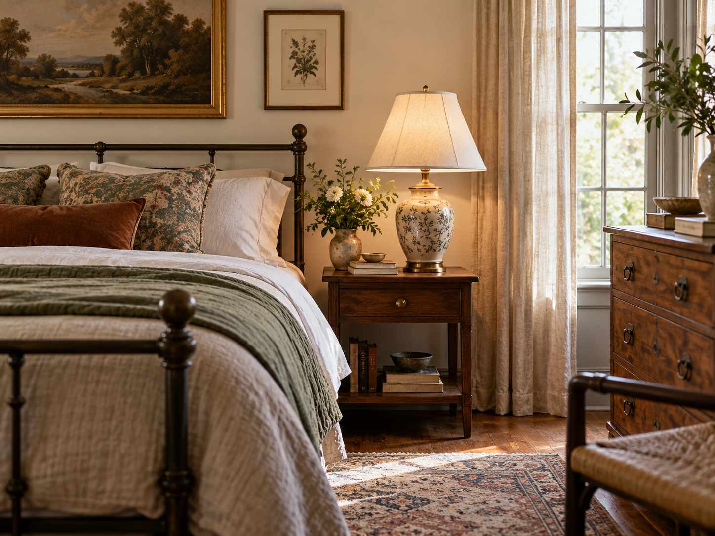 Traditional bedside lamp beside a bed