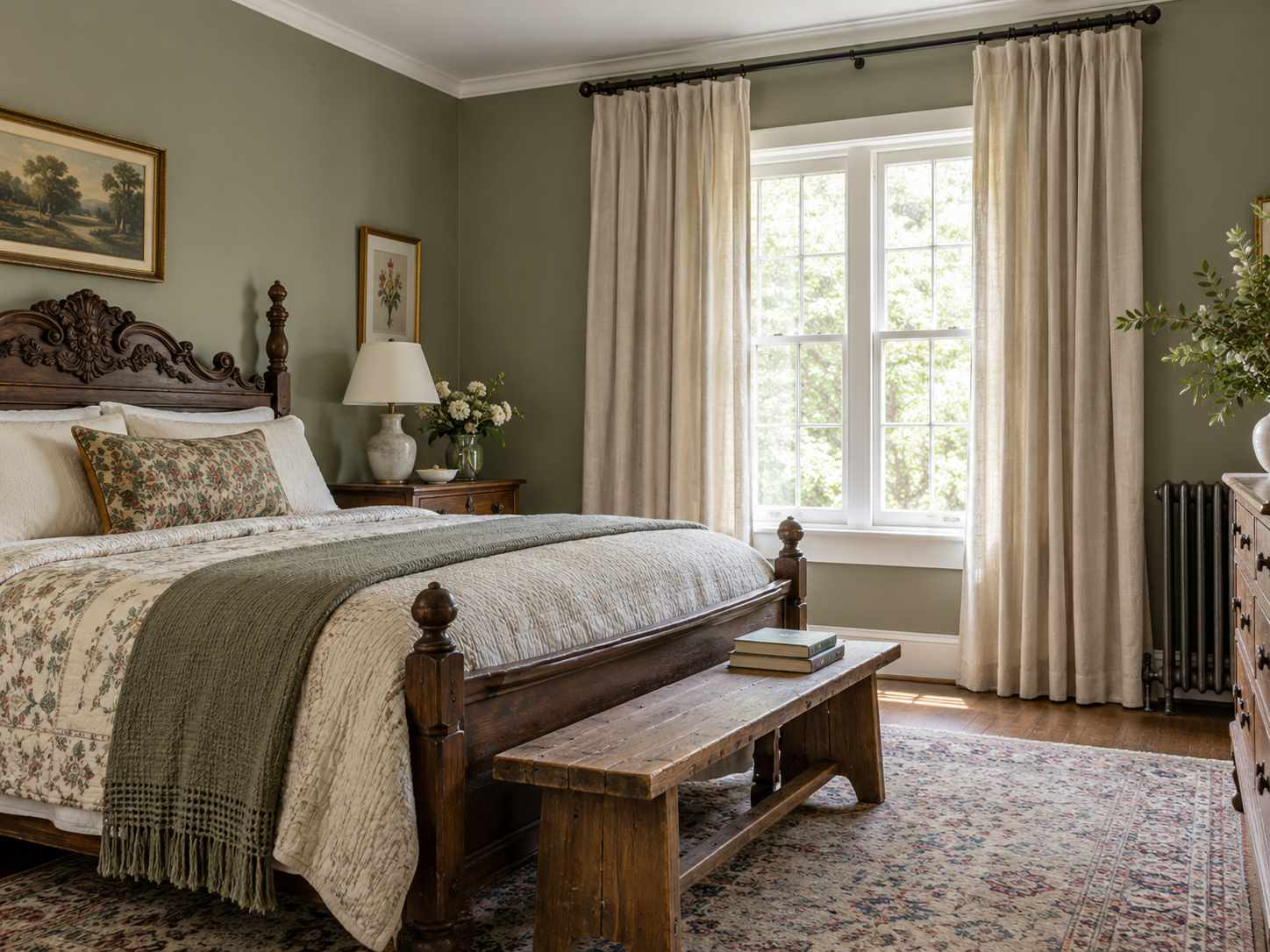 Plain soft-toned curtains in a collected bedroom
