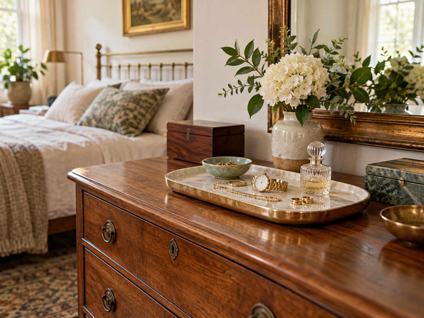Small tray holding everyday items on a dresser