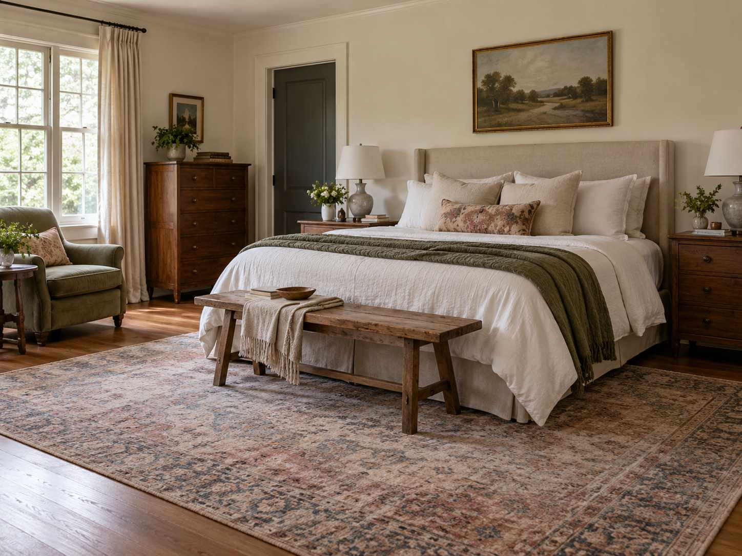 Quiet faded-pattern rug beneath bedroom furniture