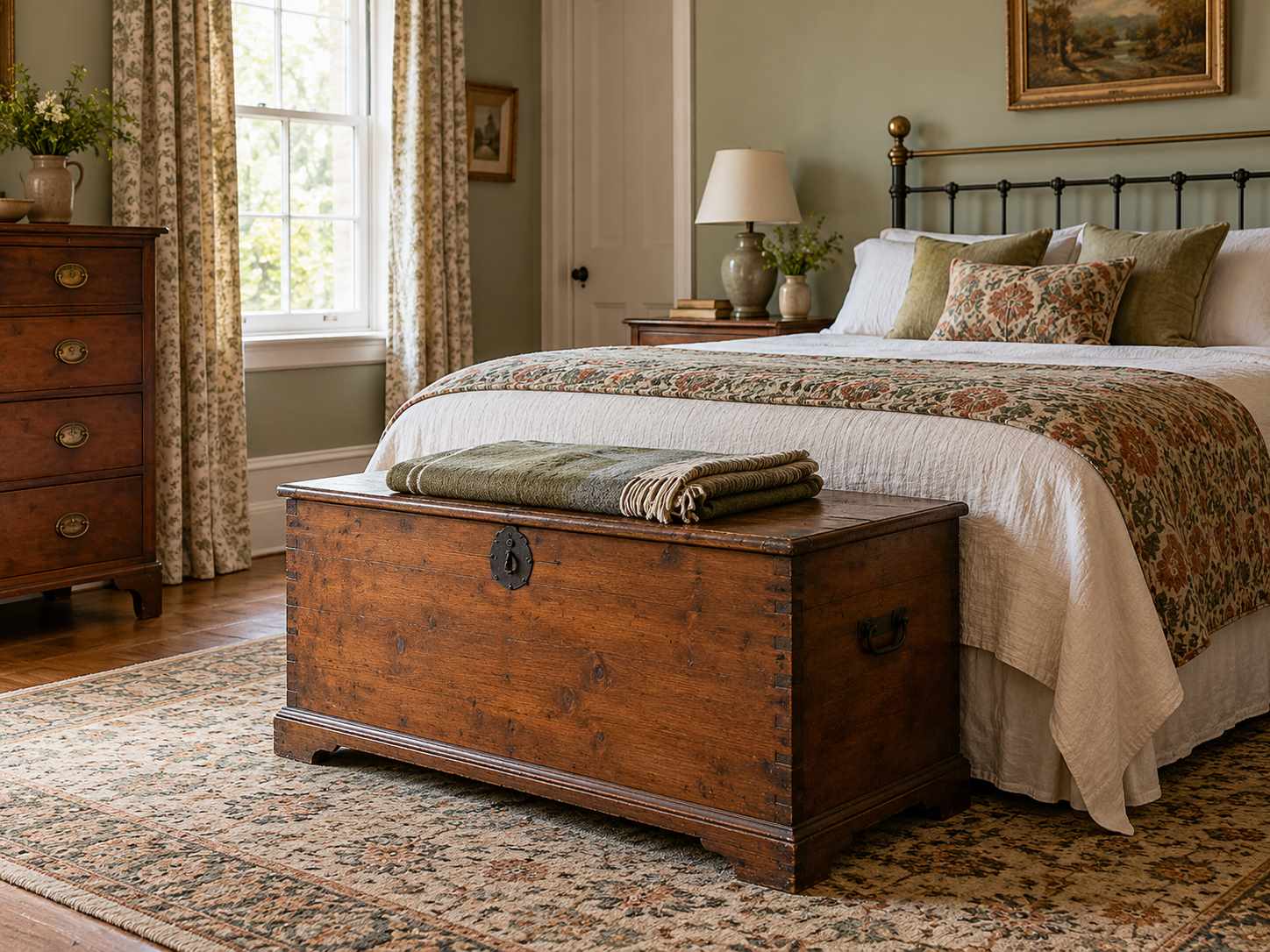 Wooden chest at the foot of a bed
