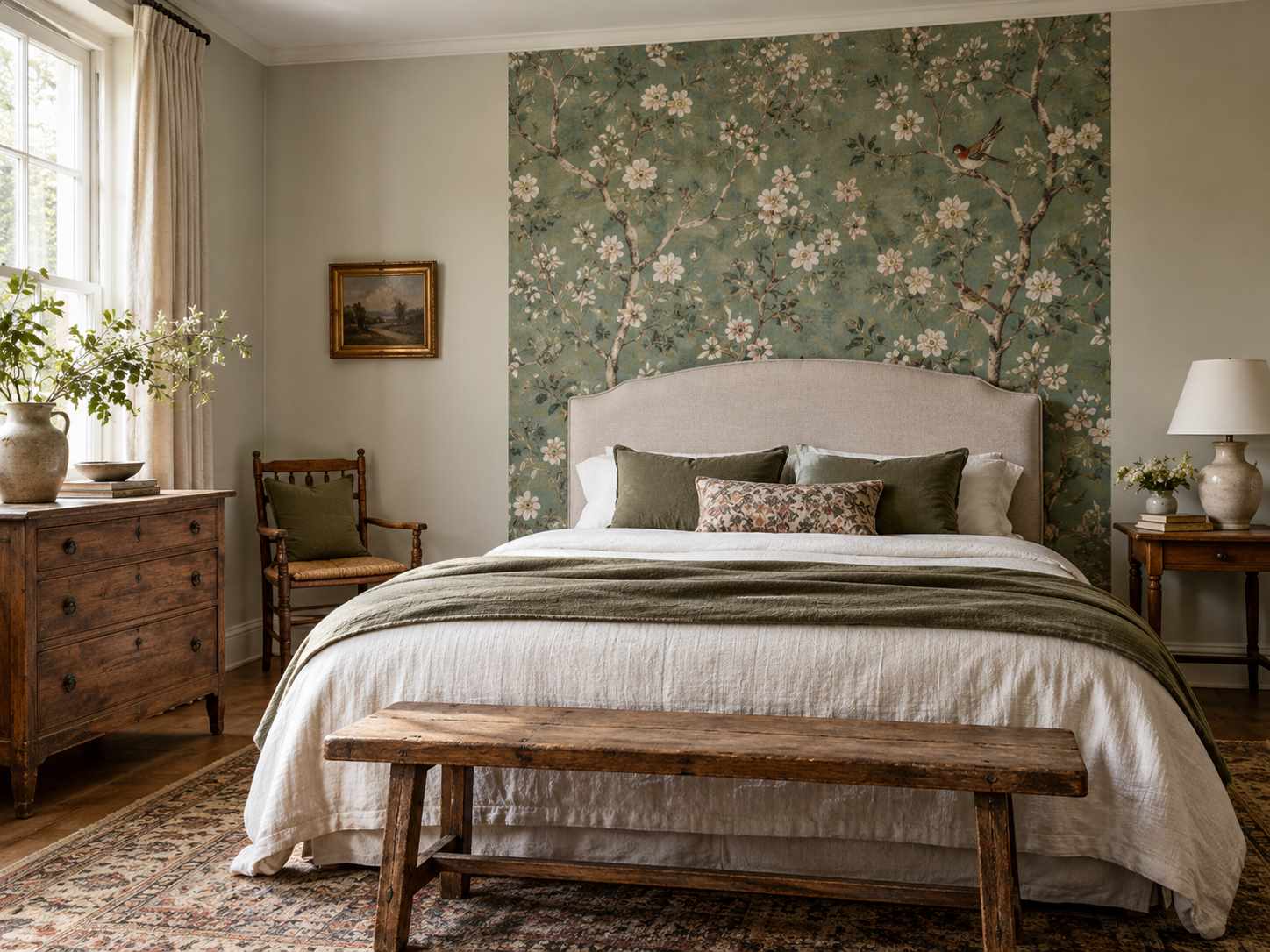 Wallpaper panel behind a simple headboard