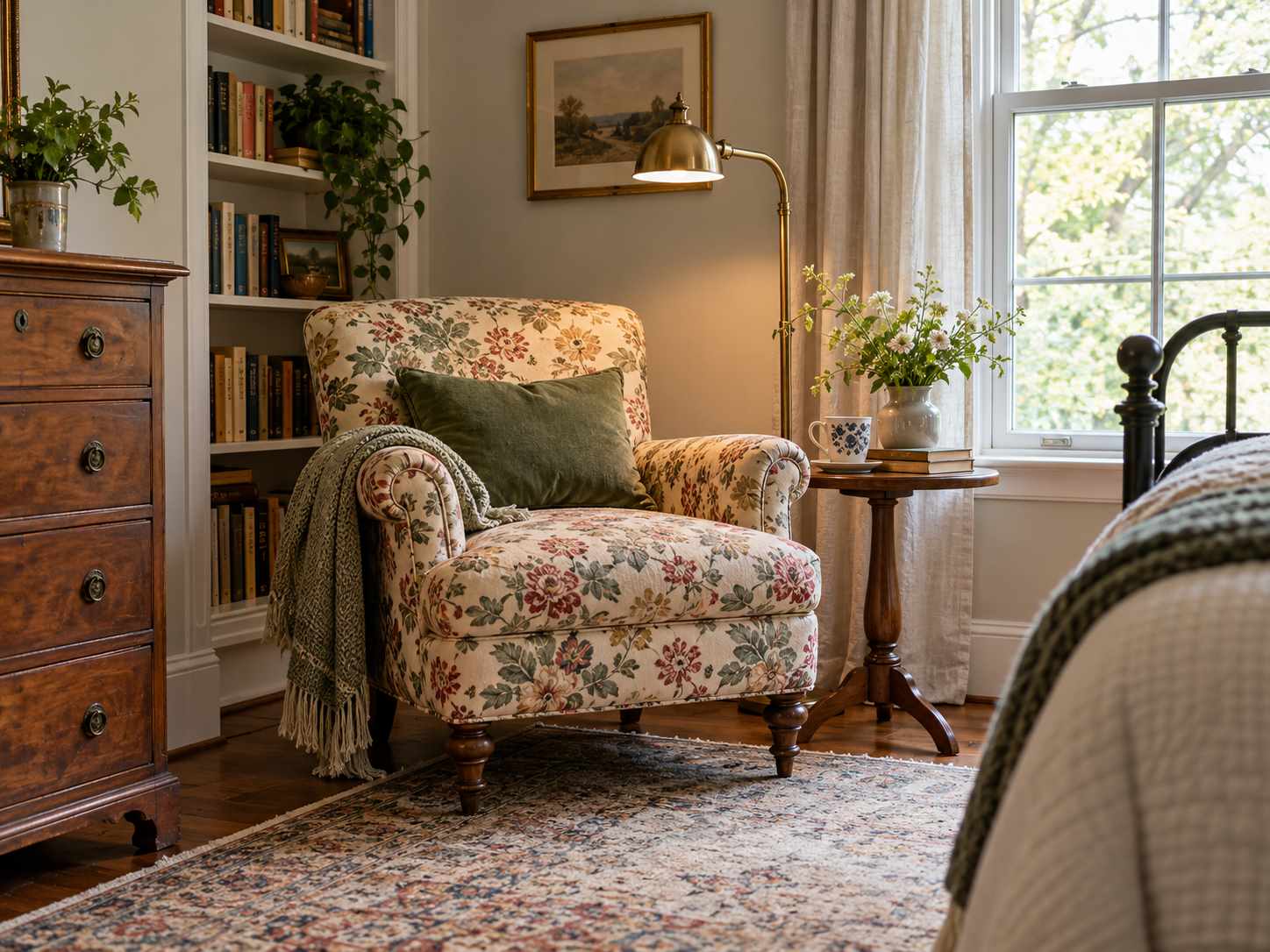 Reupholstered floral chair in a bedroom reading corner