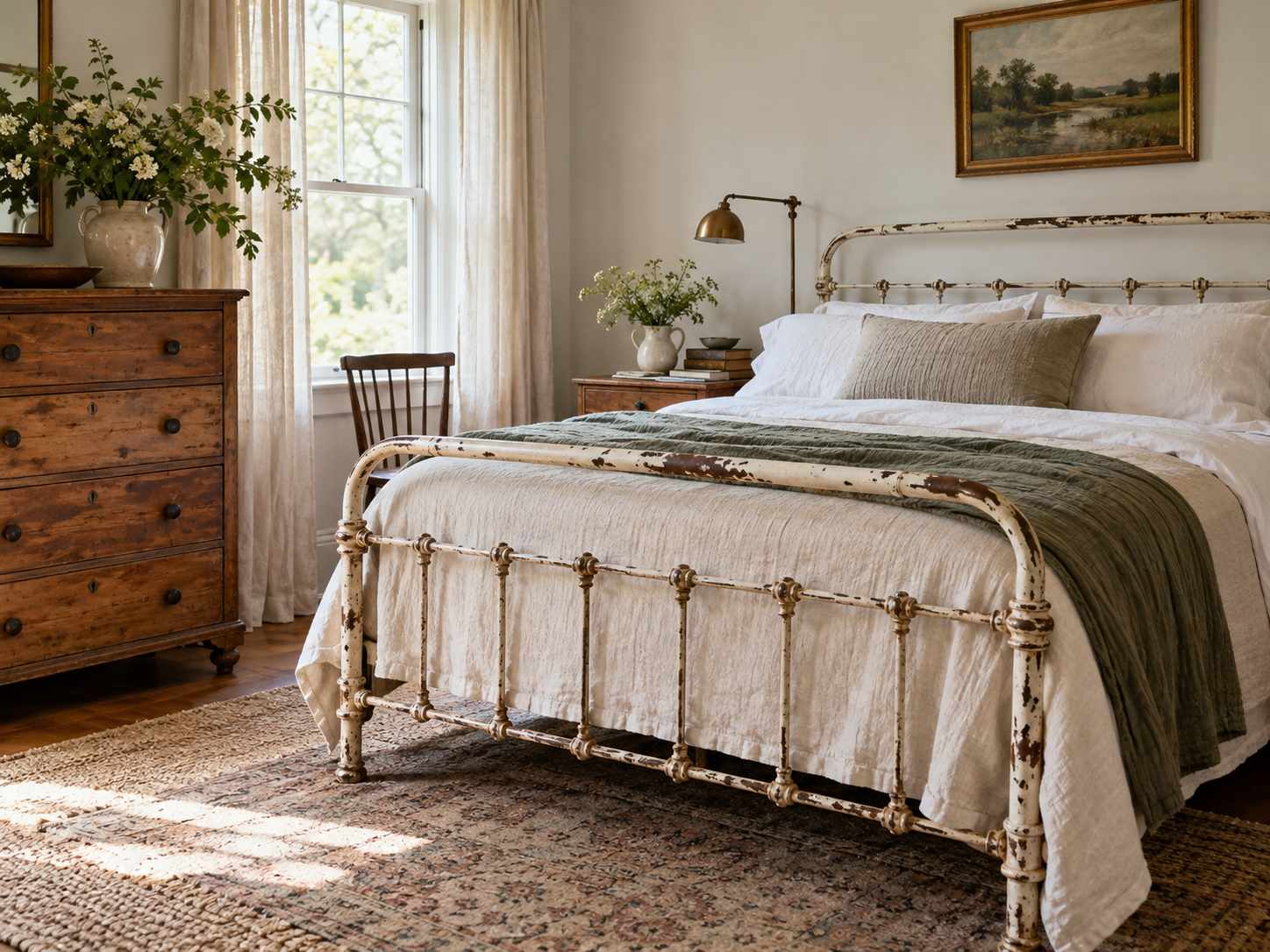 Worn wooden finish balanced with clean plain textiles