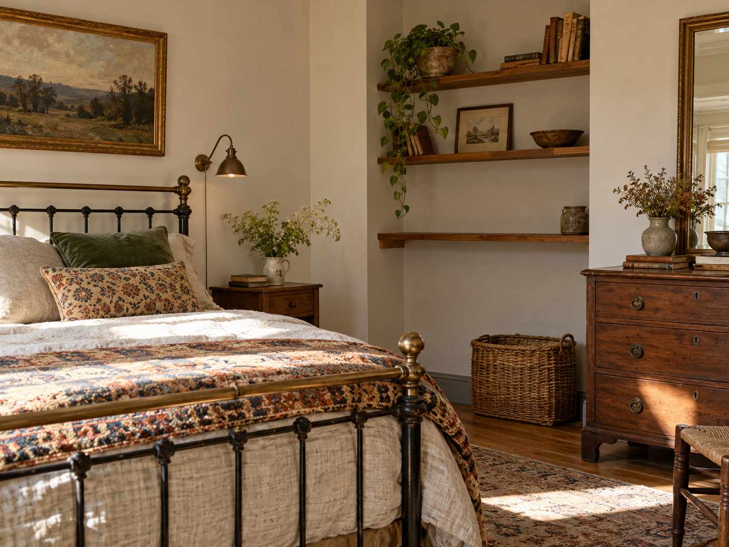 Partly open wall and shelf space in a collected bedroom