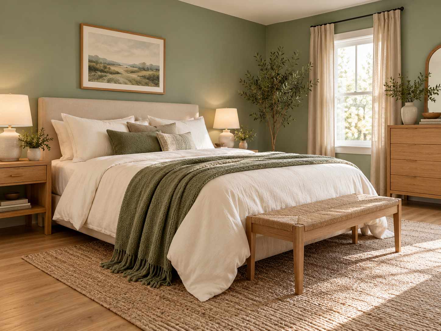 Warm white bedding with sage textiles and walls