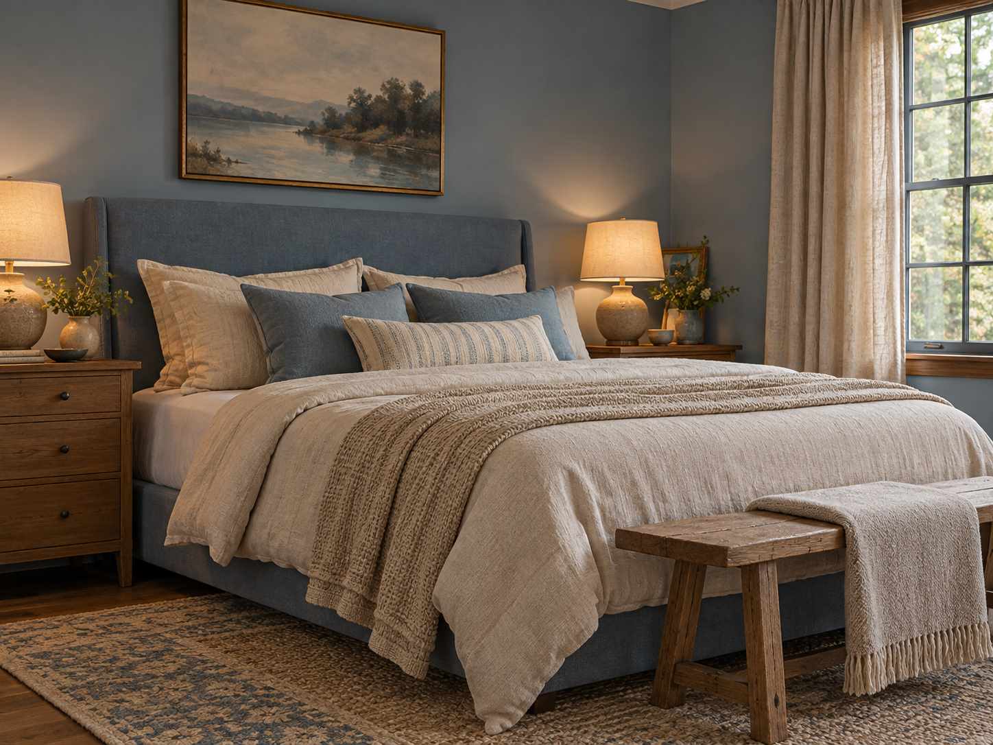Dusty blue walls with oatmeal bedding