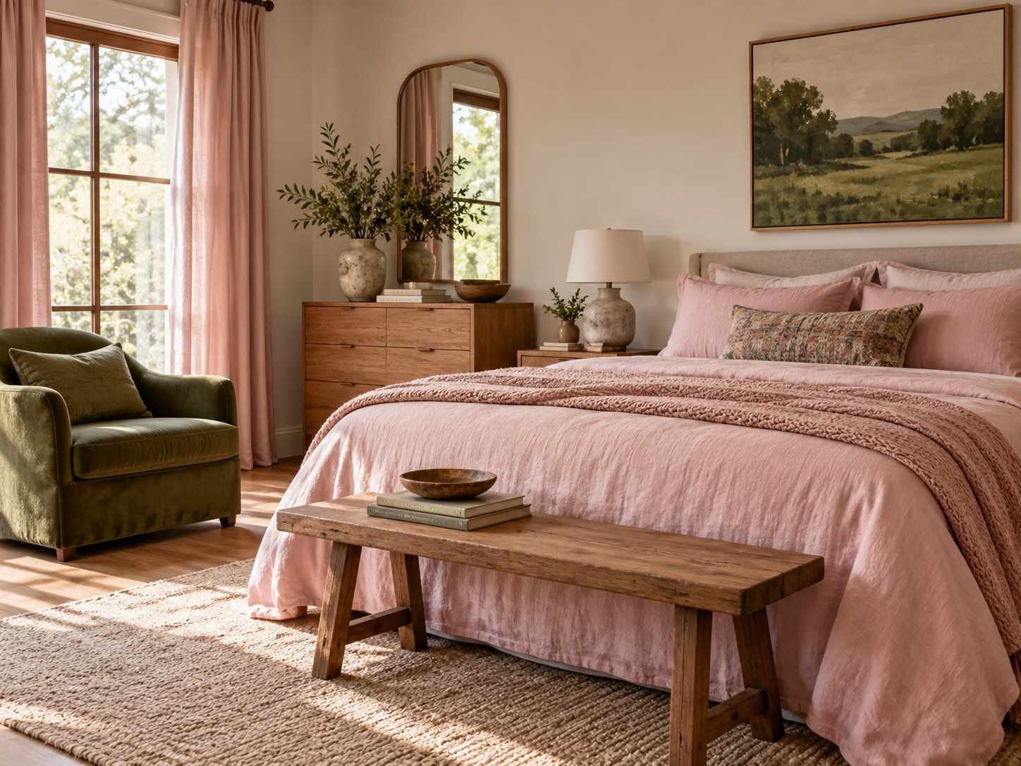 Soft pink bedding with an olive chair