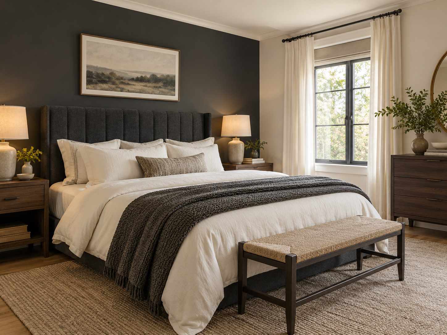 Charcoal and warm white bedroom palette