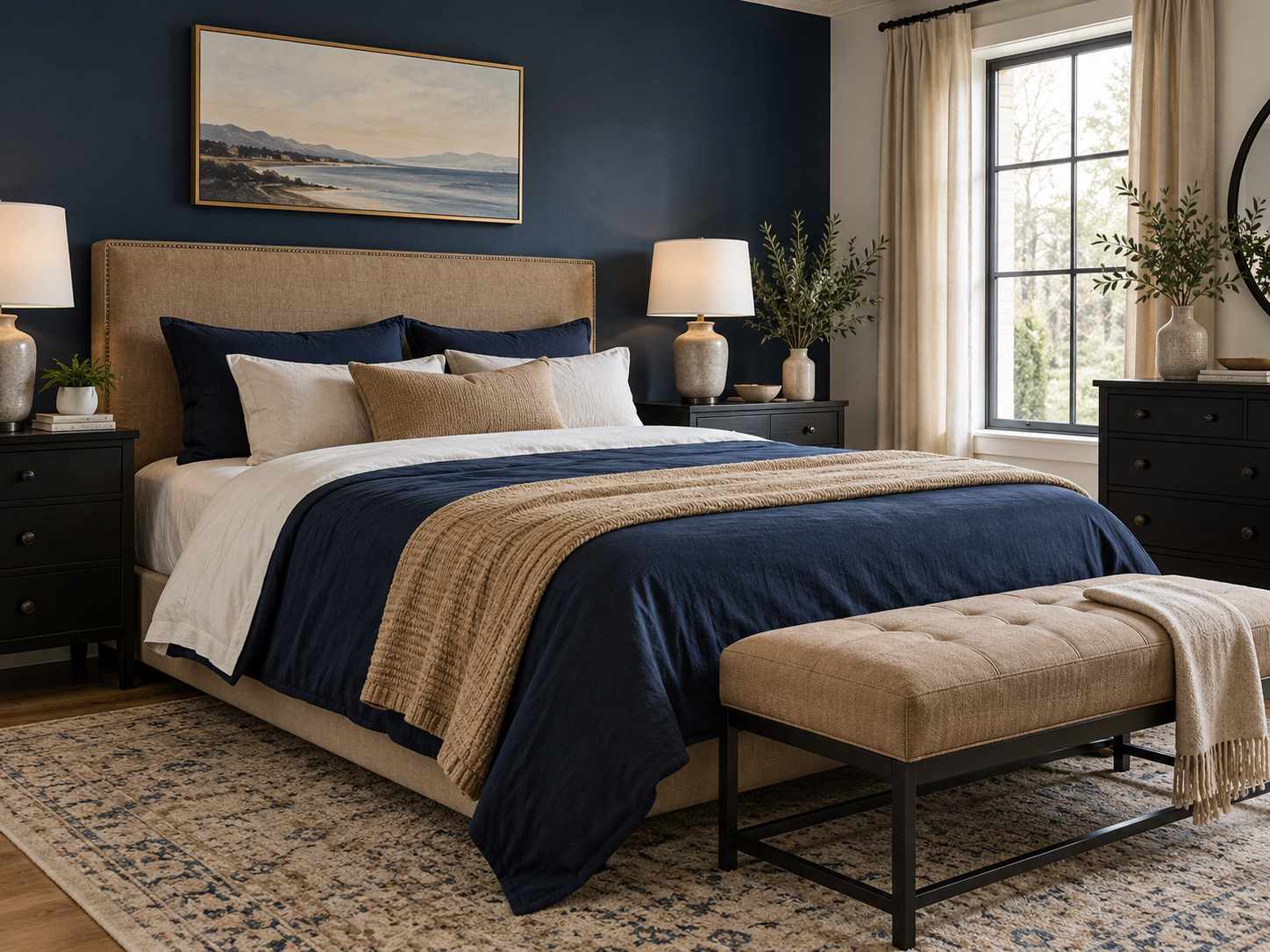 Navy bedding with a tan upholstered headboard