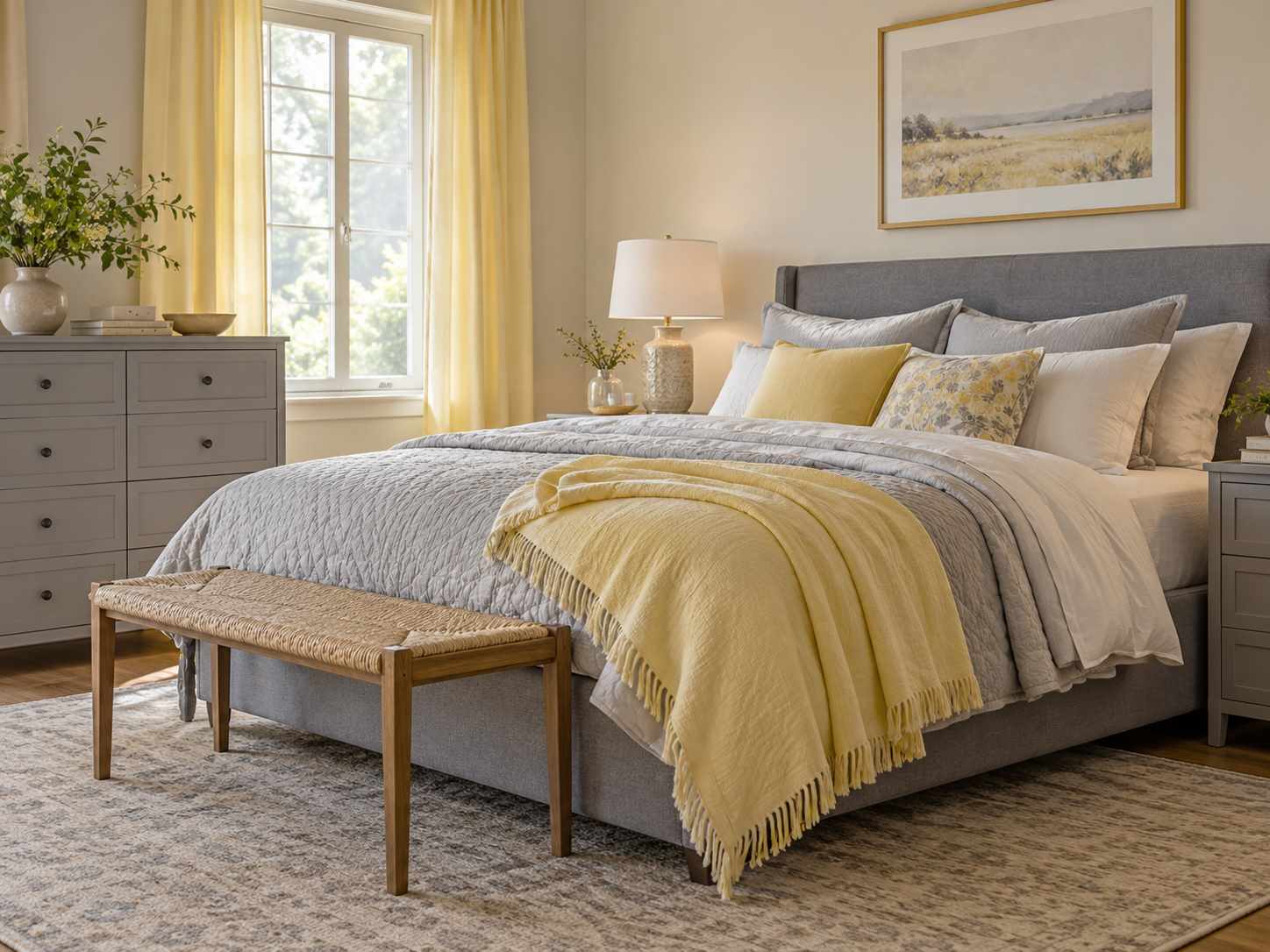 Butter yellow textiles with soft gray details
