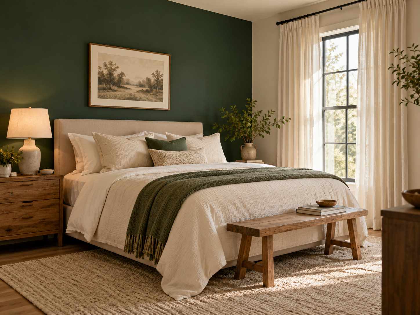Forest green wall with cream bedding