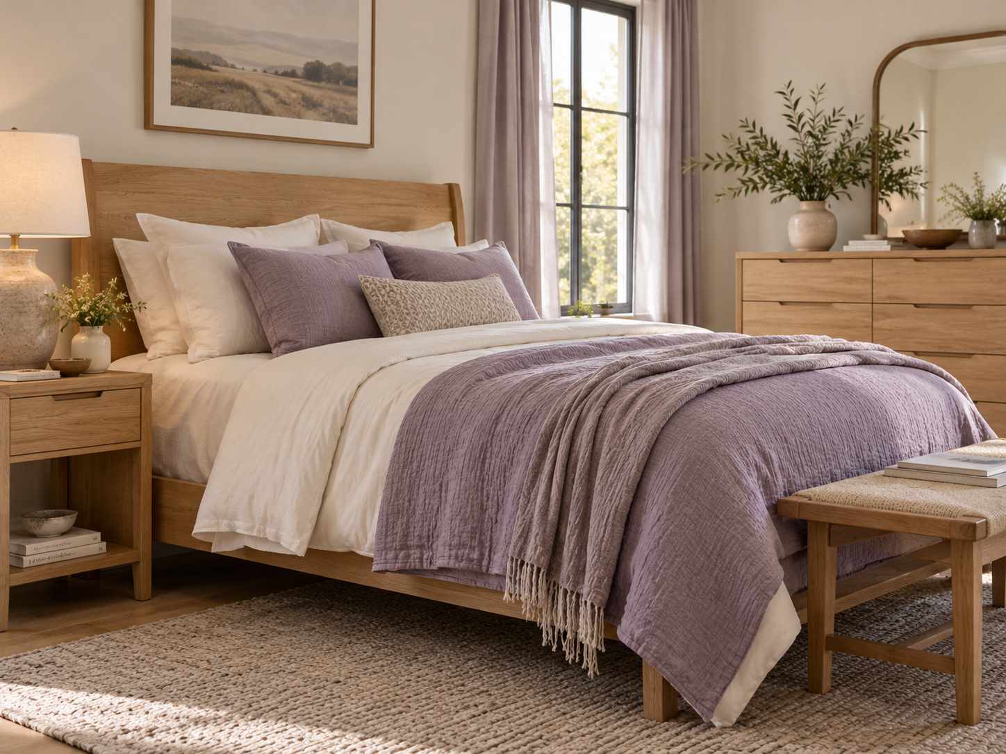 Lavender bedding with light oak furniture