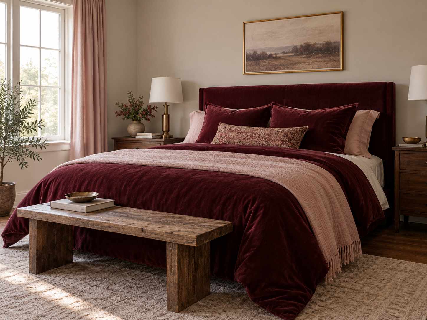 Burgundy bedding layered with blush tones