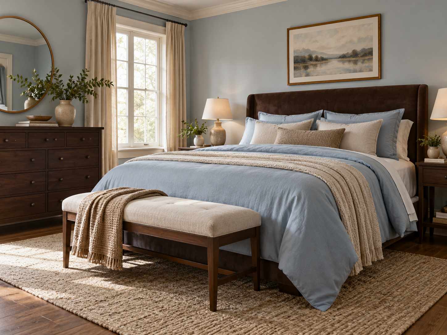 Chocolate brown furniture with pale blue bedding