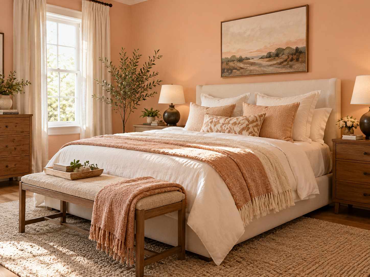 Peach walls with warm white bedding