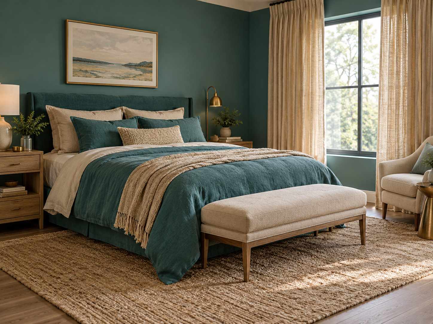 Teal bedding with sandy neutral textiles