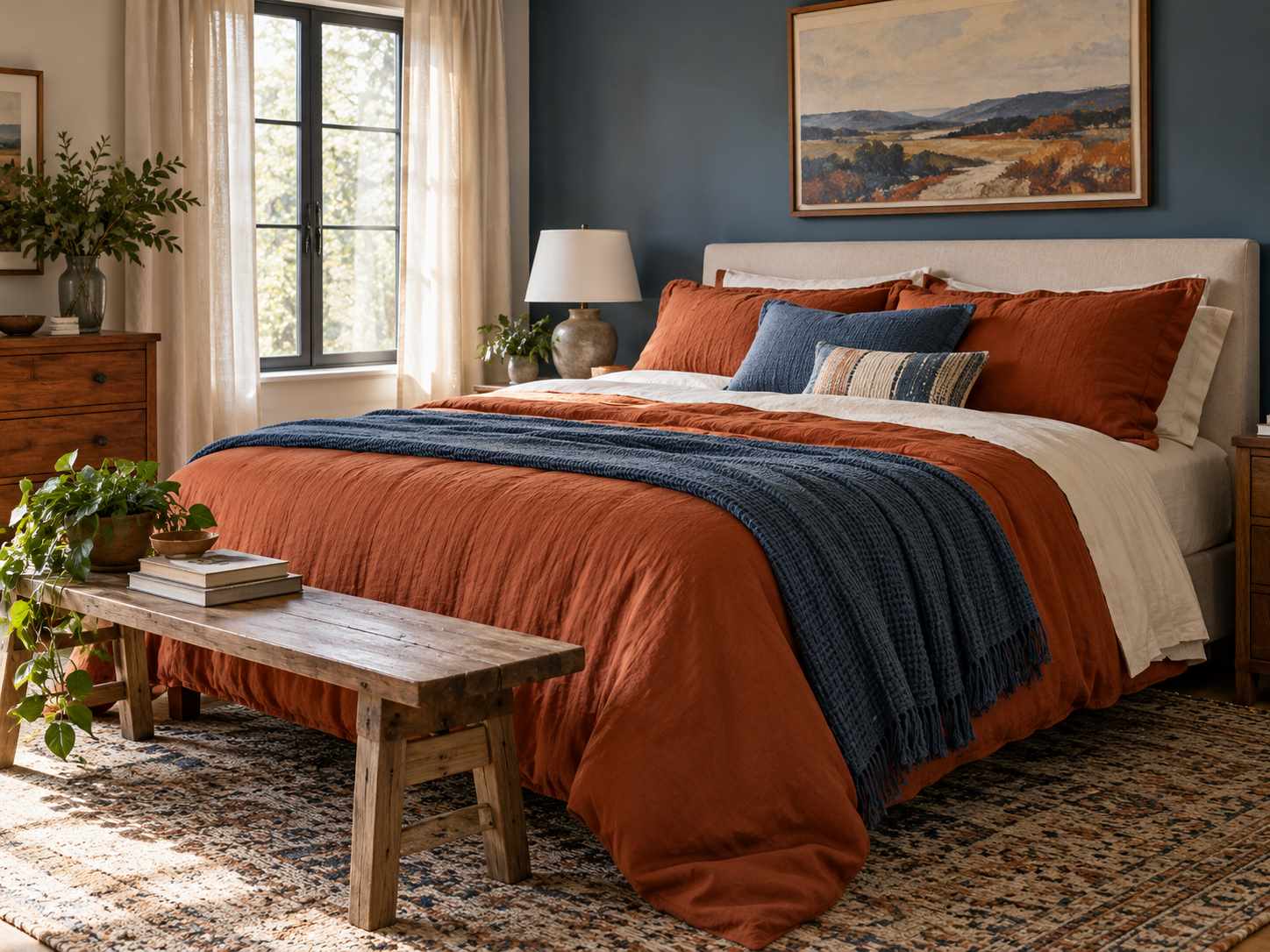 Rust bedding paired with denim blue