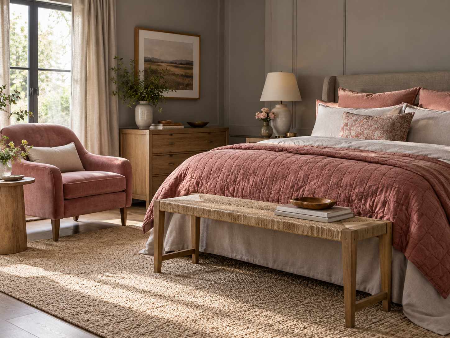 Warm gray wall with rose textiles