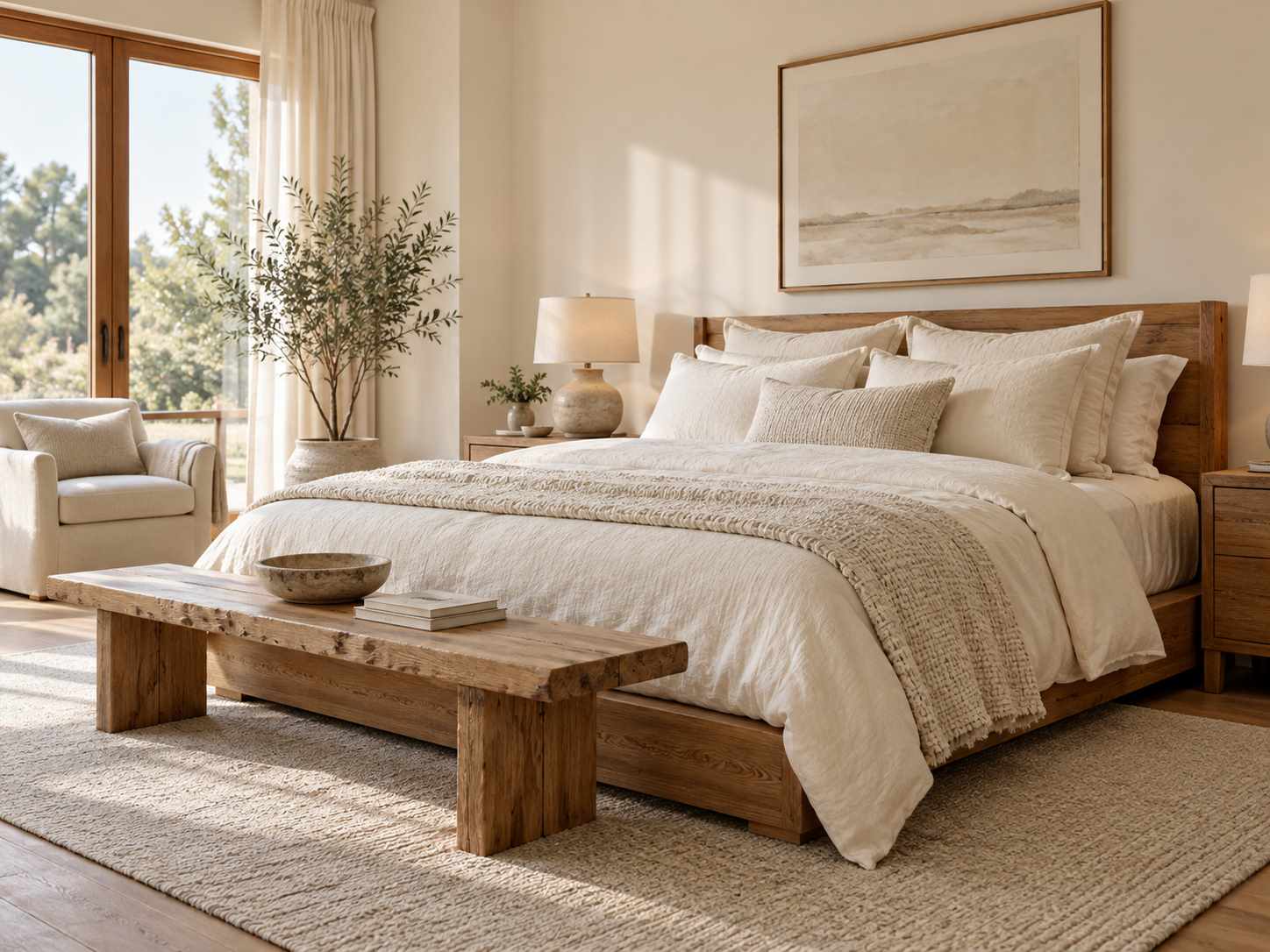 Ivory bedding and natural wooden furniture