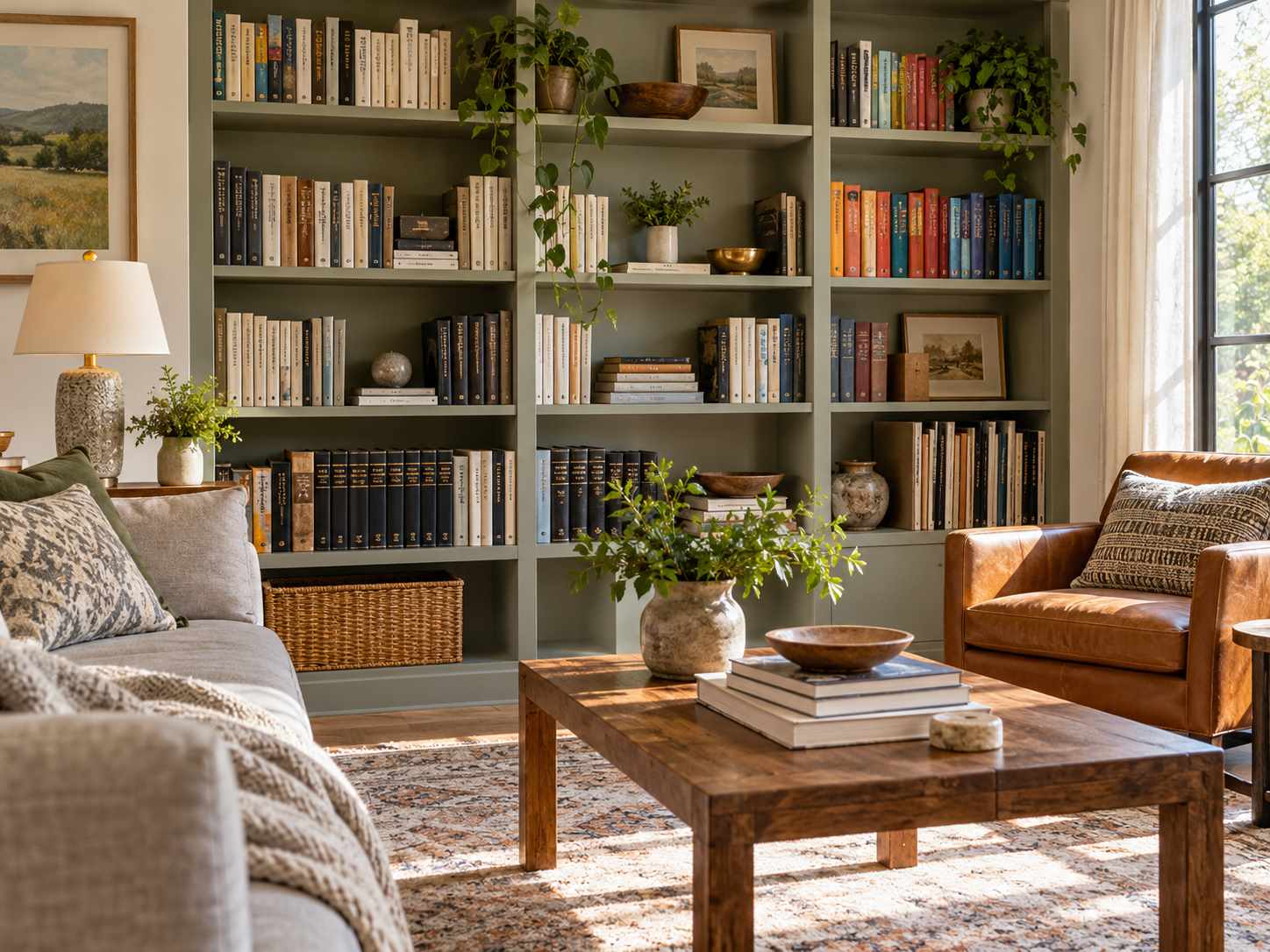 Books grouped by use on a readable bookshelf