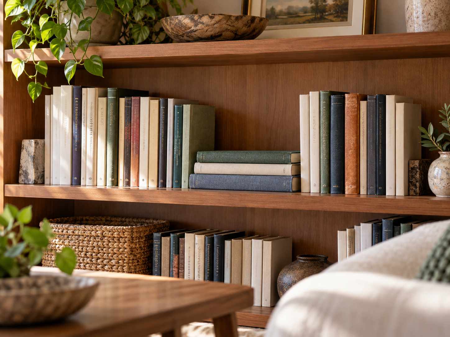 Short horizontal book stack among upright volumes
