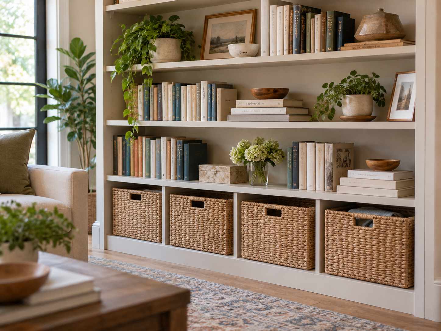 Woven baskets on the lowest bookshelf level