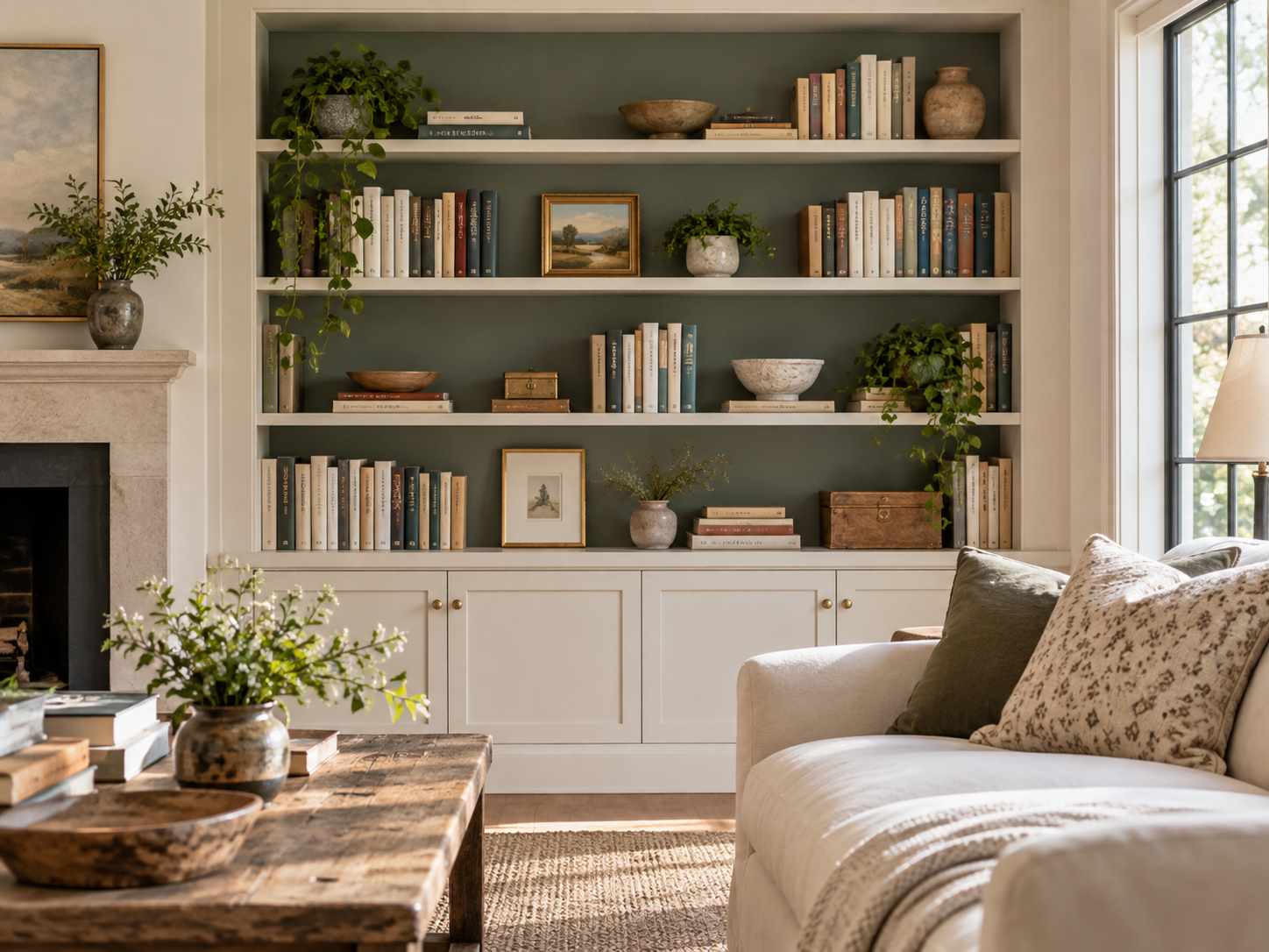 Muted green back panel behind books and objects