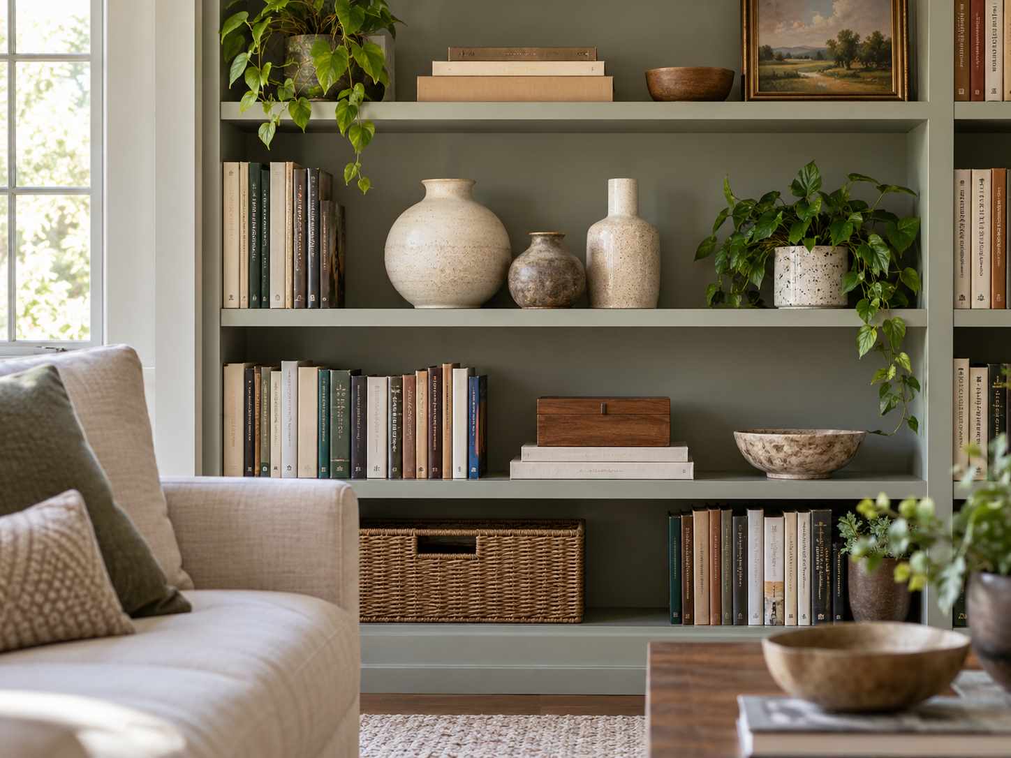 Ceramic objects grouped on one bookshelf section
