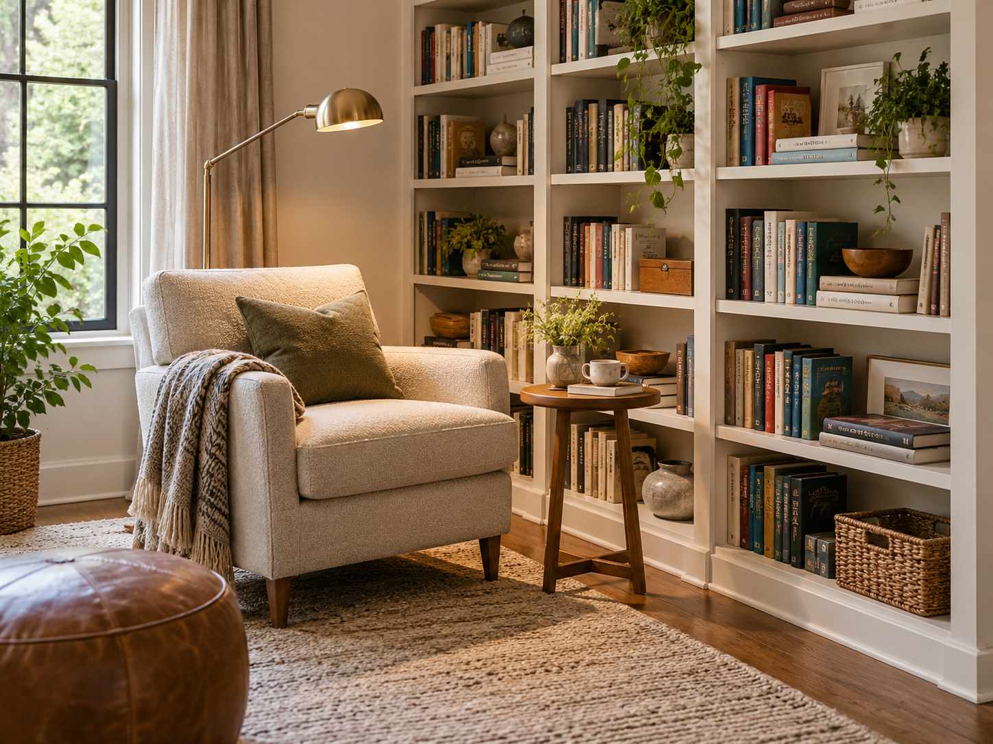 Reading chair and lamp beside a bookcase