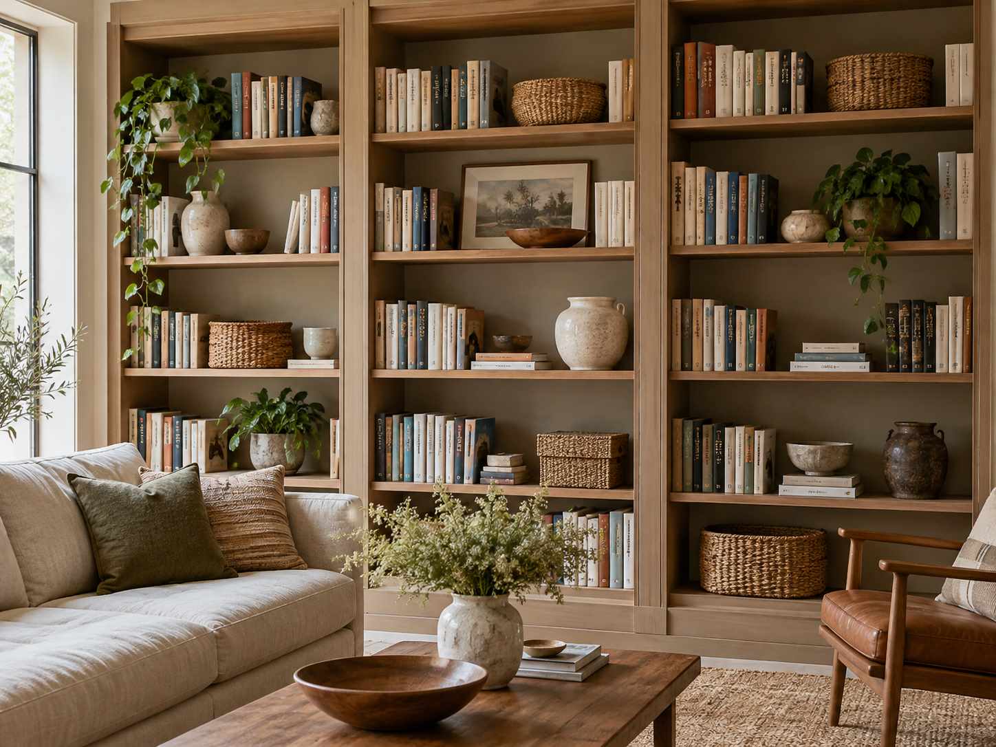 Repeated ceramic and timber details across shelves